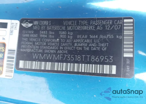 2008 Mini Cooper S from USA, damaged, VIN WMWMF73518TT86953